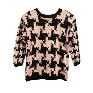 Adrienne Vittadini Vintage Wool Sweater Houndstooth Pink Black Gold Button Small